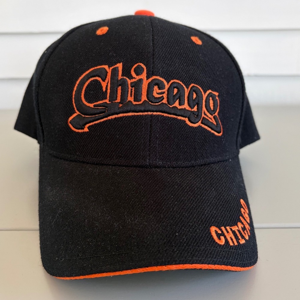Chicago Baseball Cap Hat Black Orange Embroidered Script Adjustable Souvenir
